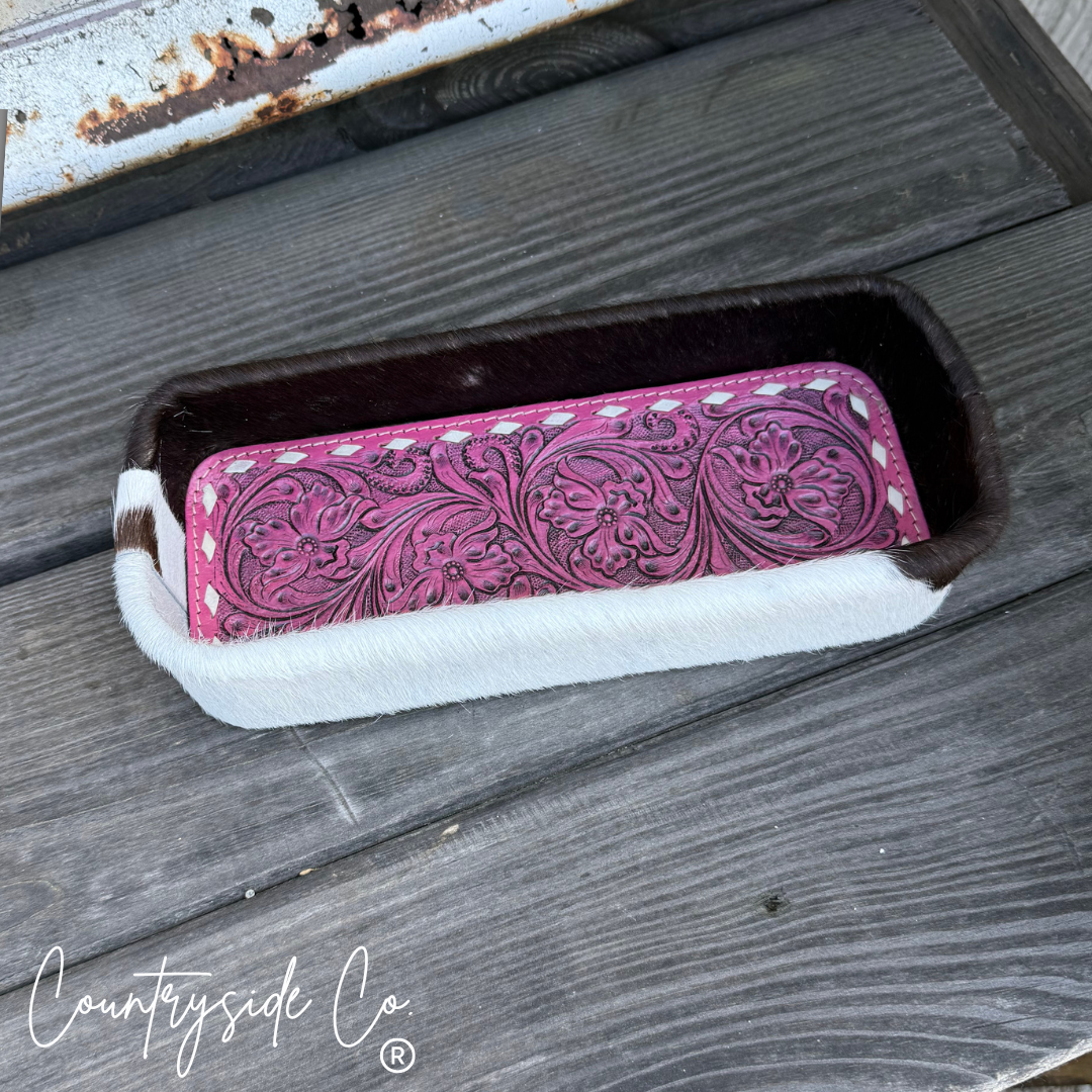 Pink Tooled Leather Cowhide Tray