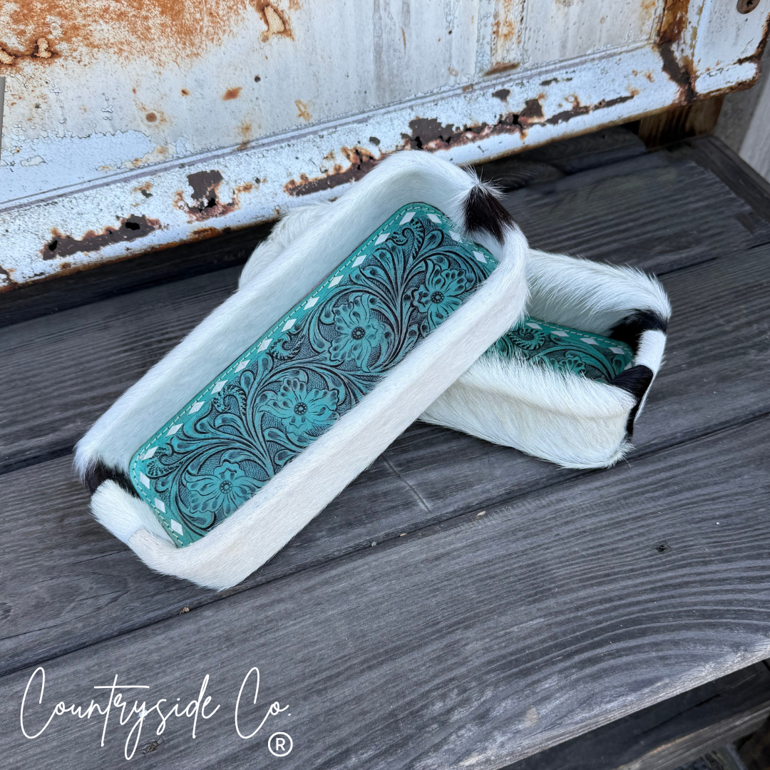 Turquoise Tooled Leather Cowhide Tray