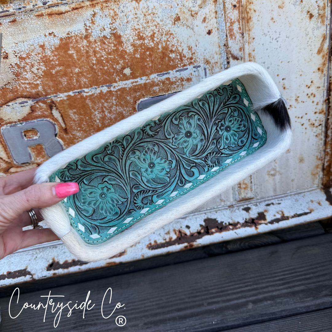 Turquoise Tooled Leather Cowhide Tray