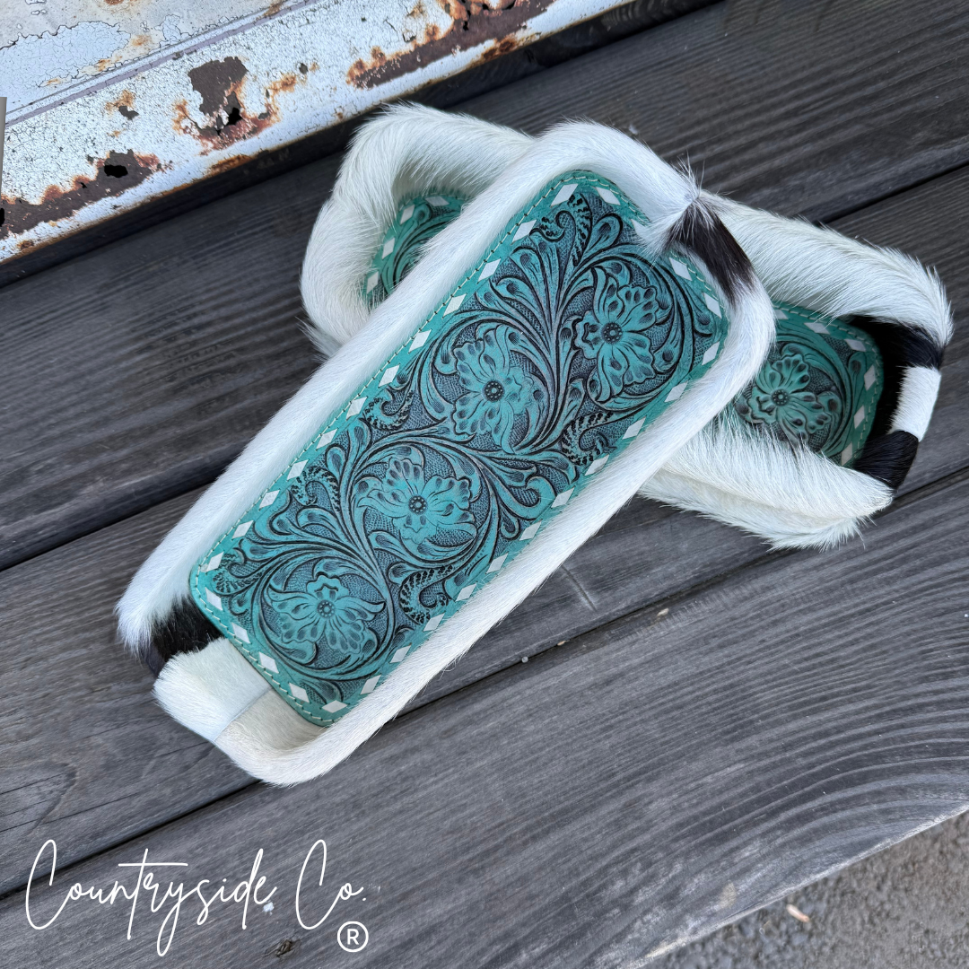 Turquoise Tooled Leather Cowhide Tray