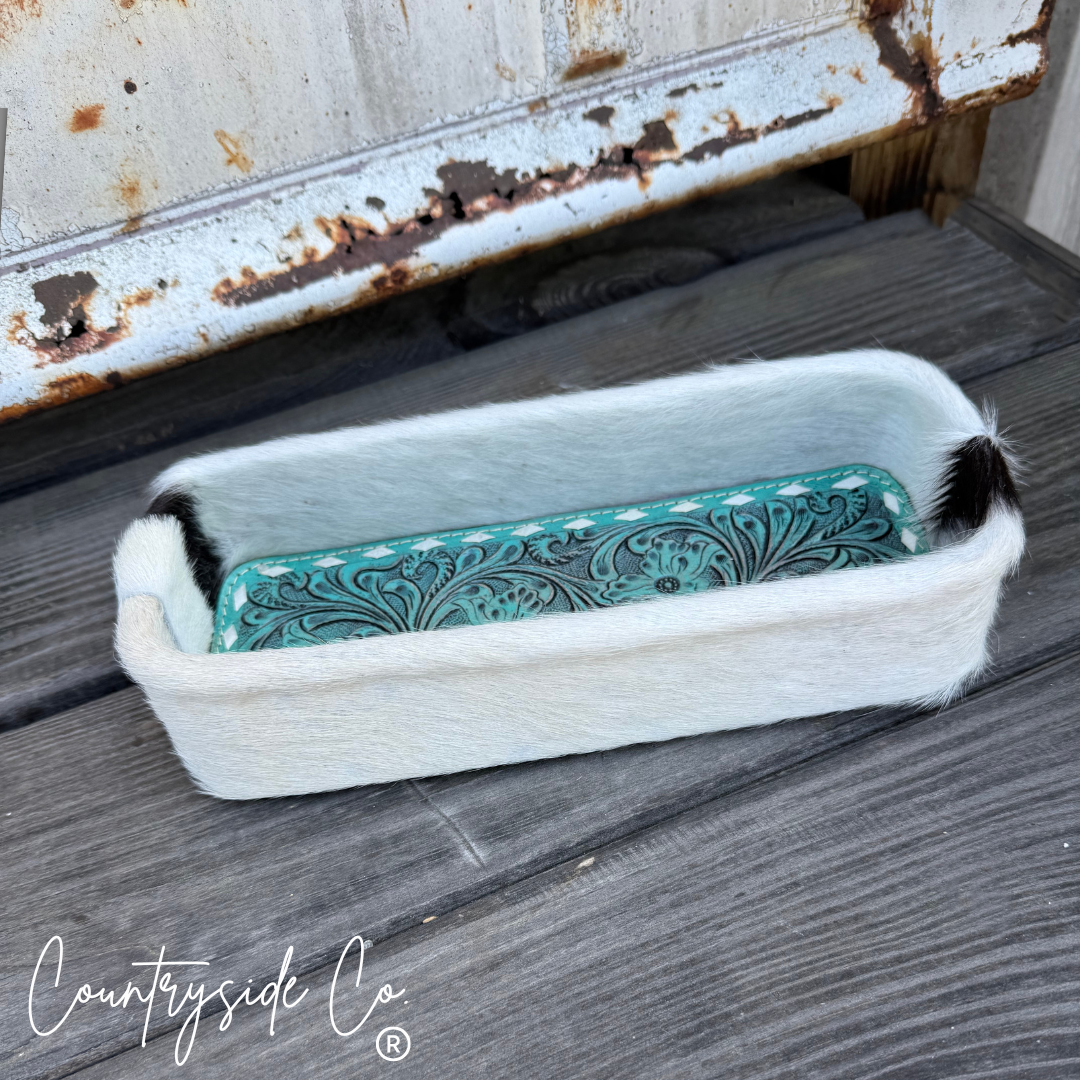 Turquoise Tooled Leather Cowhide Tray
