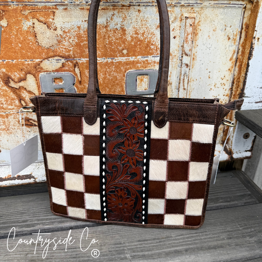 Wynonna Cowhide Checkered Concealed Carry Tote Handbag