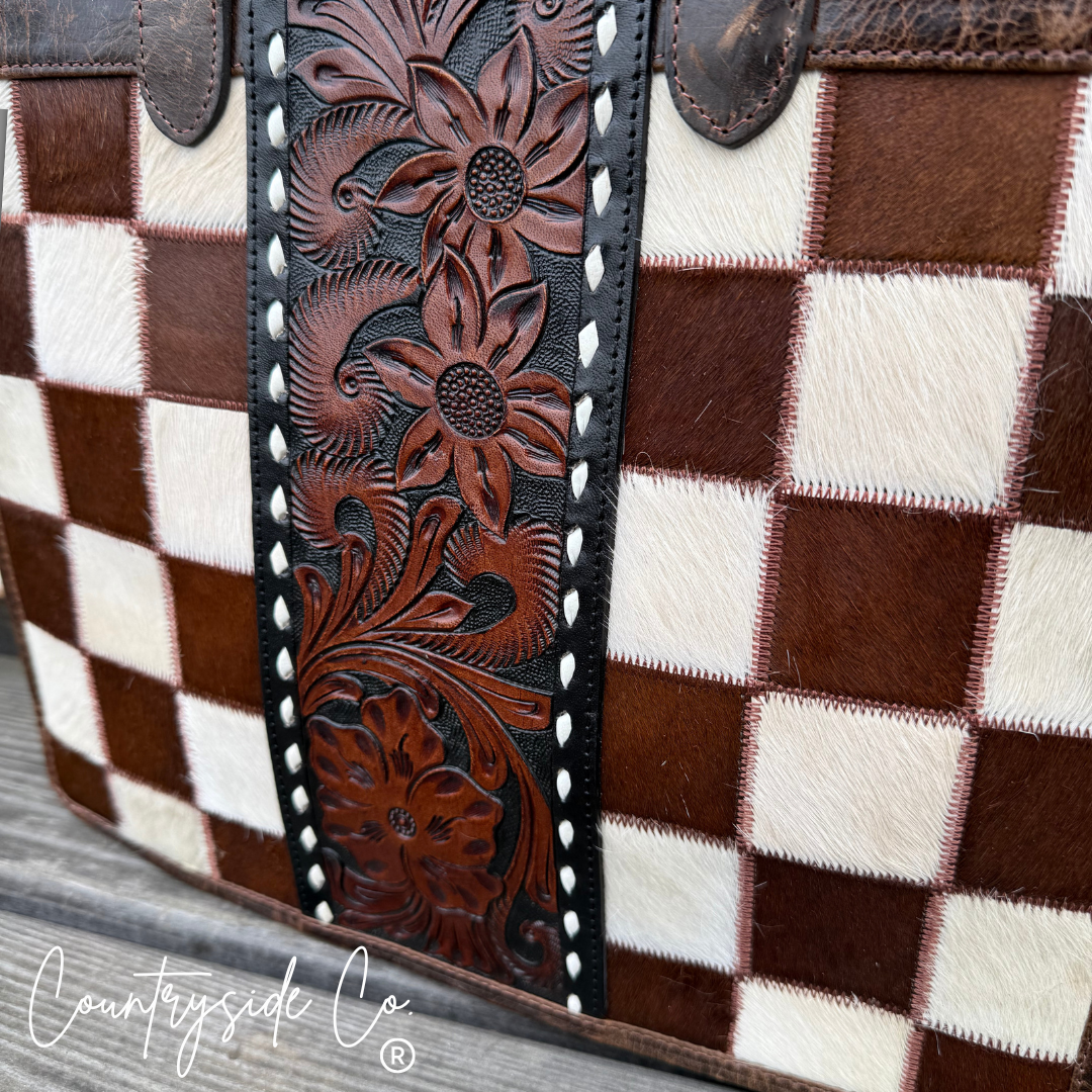 Wynonna Cowhide Checkered Concealed Carry Tote Handbag