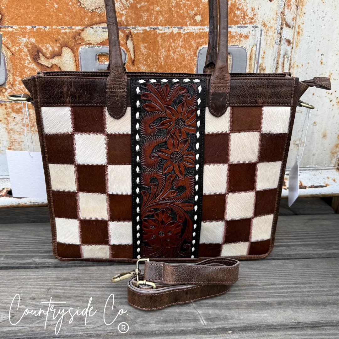 Wynonna Cowhide Checkered Concealed Carry Tote Handbag