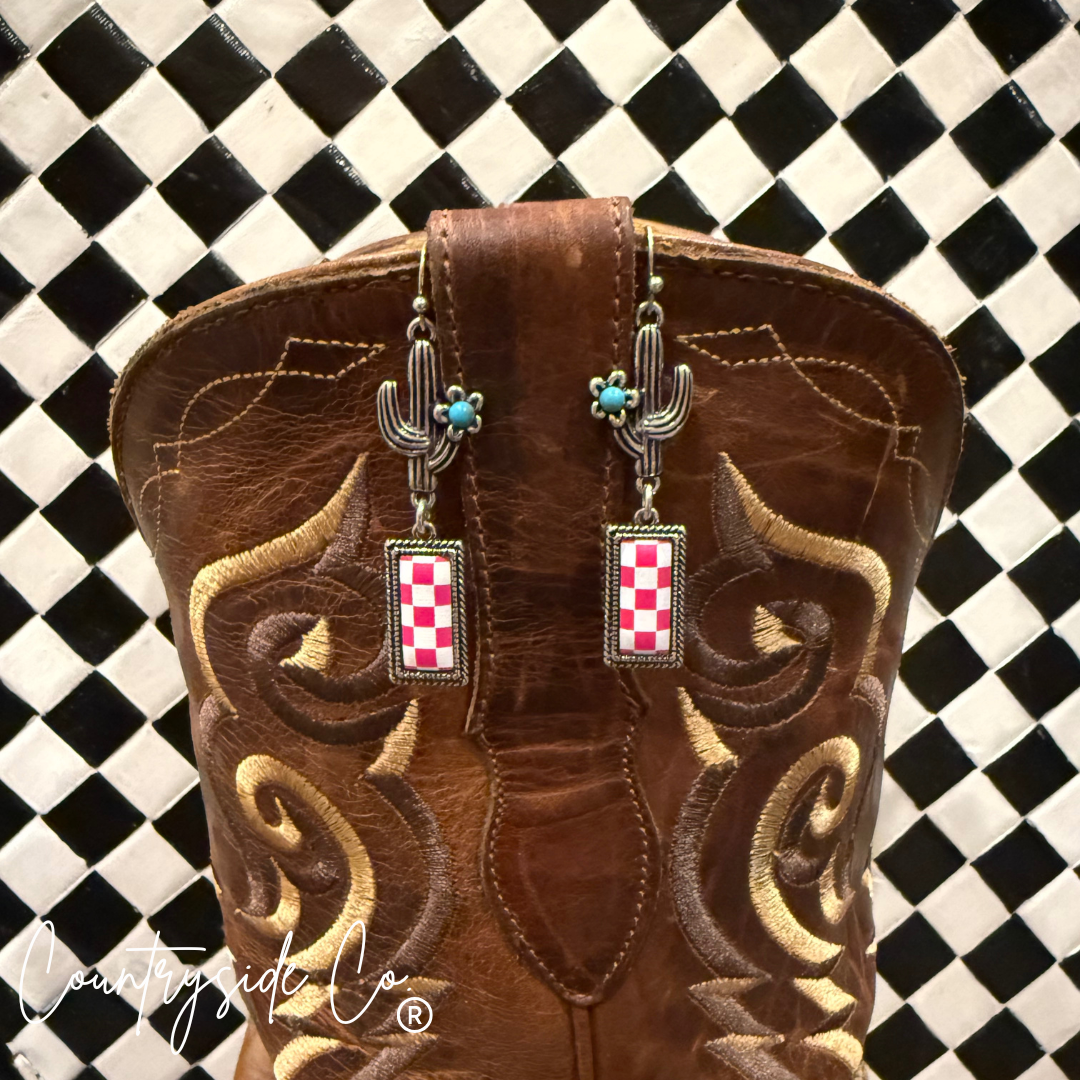 Wild West Pink Checkered Dangle Earrings