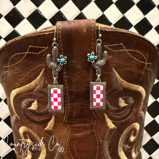 Wild West Pink Checkered Dangle Earrings