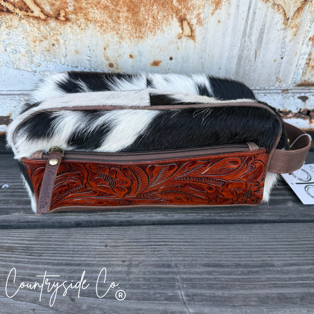 High Plains Tooled Leather and Cowhide Toiletry Bag