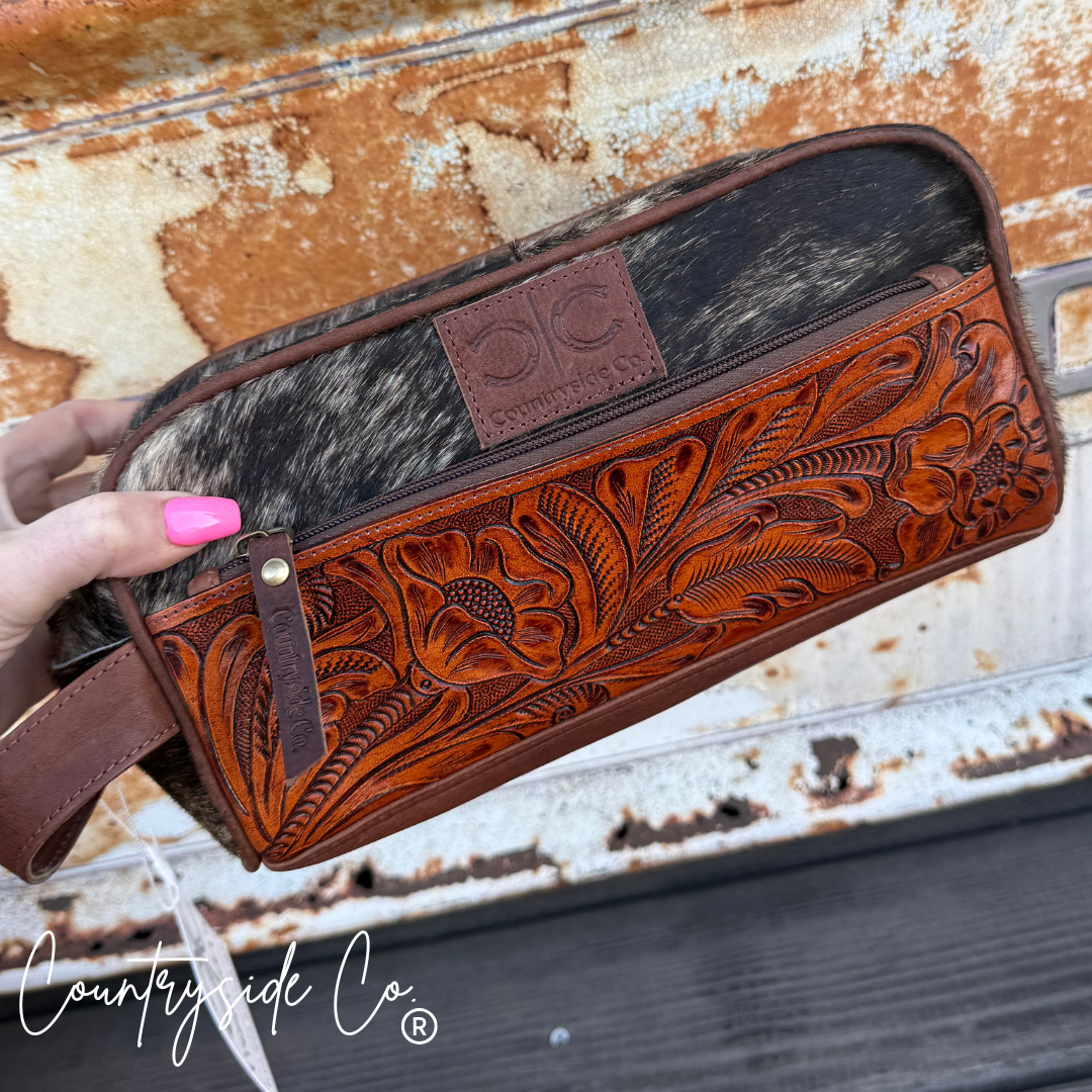 High Plains Tooled Leather and Cowhide Toiletry Bag