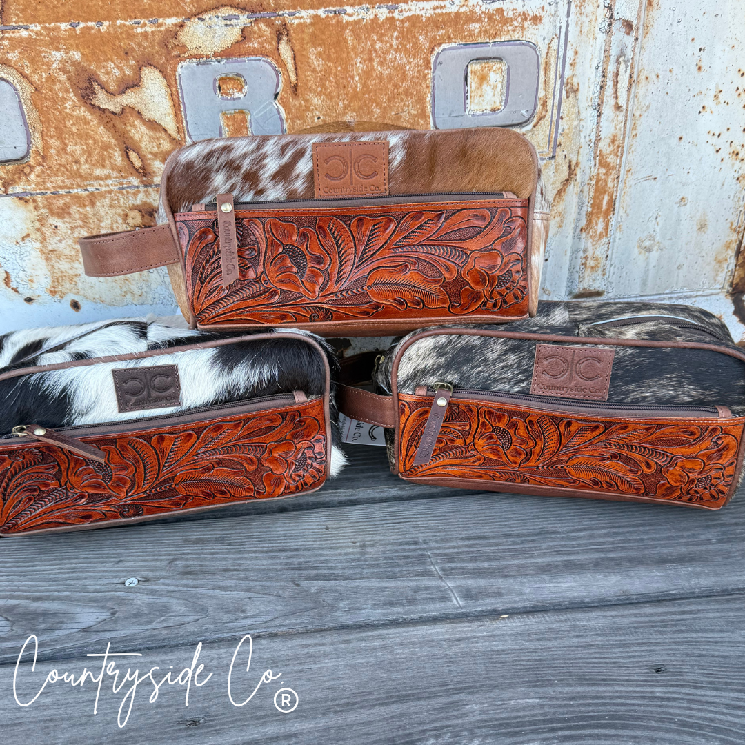 High Plains Tooled Leather and Cowhide Toiletry Bag