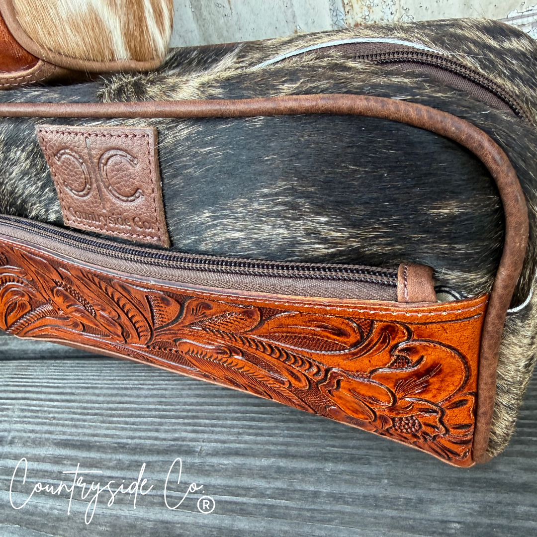 High Plains Tooled Leather and Cowhide Toiletry Bag