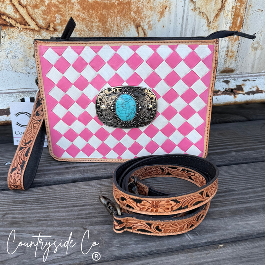 Pink Prairie Belle Checkered Leather Purse with Wristlet