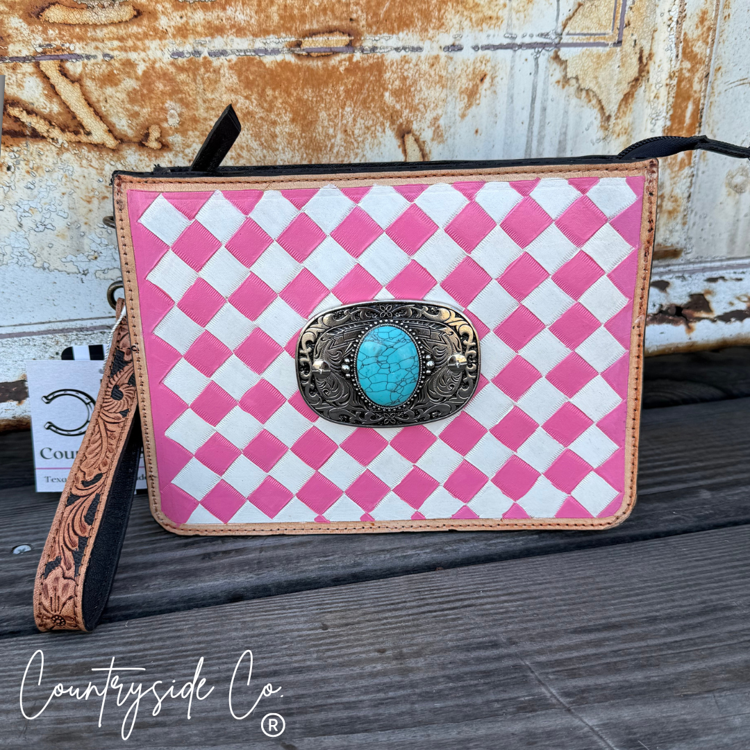 Pink Prairie Belle Checkered Leather Purse with Wristlet