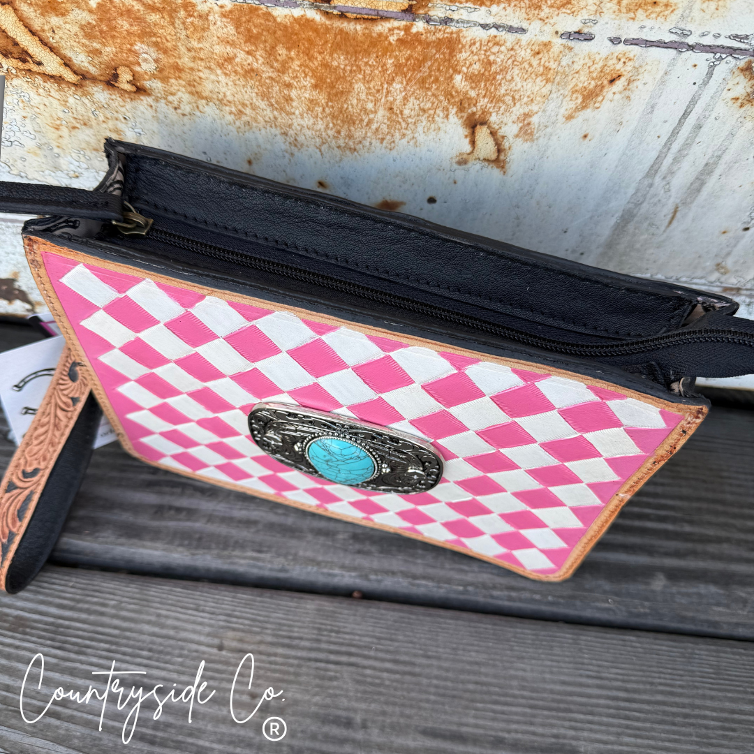 Pink Prairie Belle Checkered Leather Purse with Wristlet