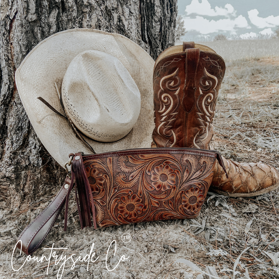 Whiskey Tooled Leather Wristlet - Toiletry Bag