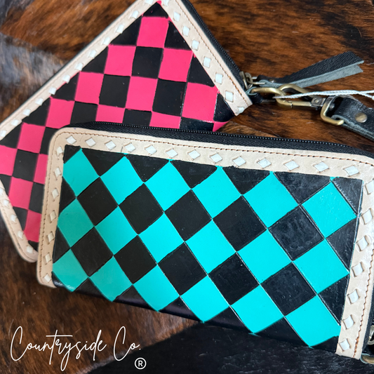 Turquoise or Raspberry Checkered Leather Wallet