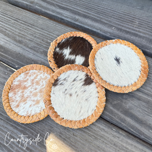 Cowhide Leather Stitched Coaster Set