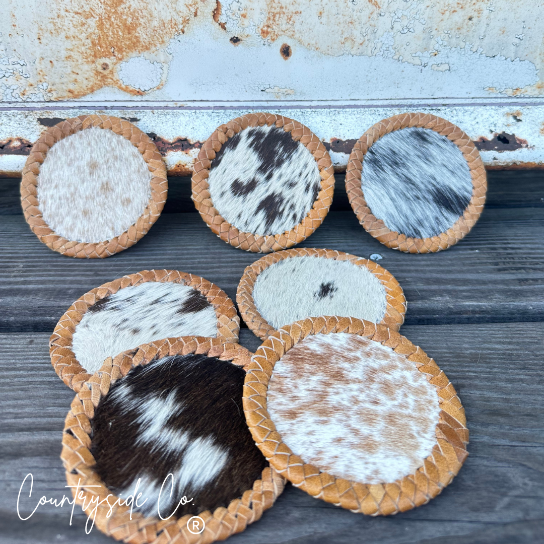 Cowhide Leather Stitched Coaster Set