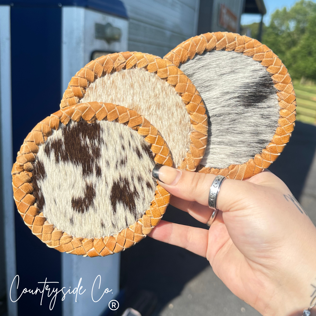 Cowhide Leather Stitched Coaster Set