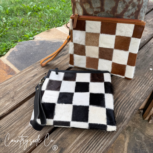 Checkered Cowhide Make Up Toiletry Bag Wristlet