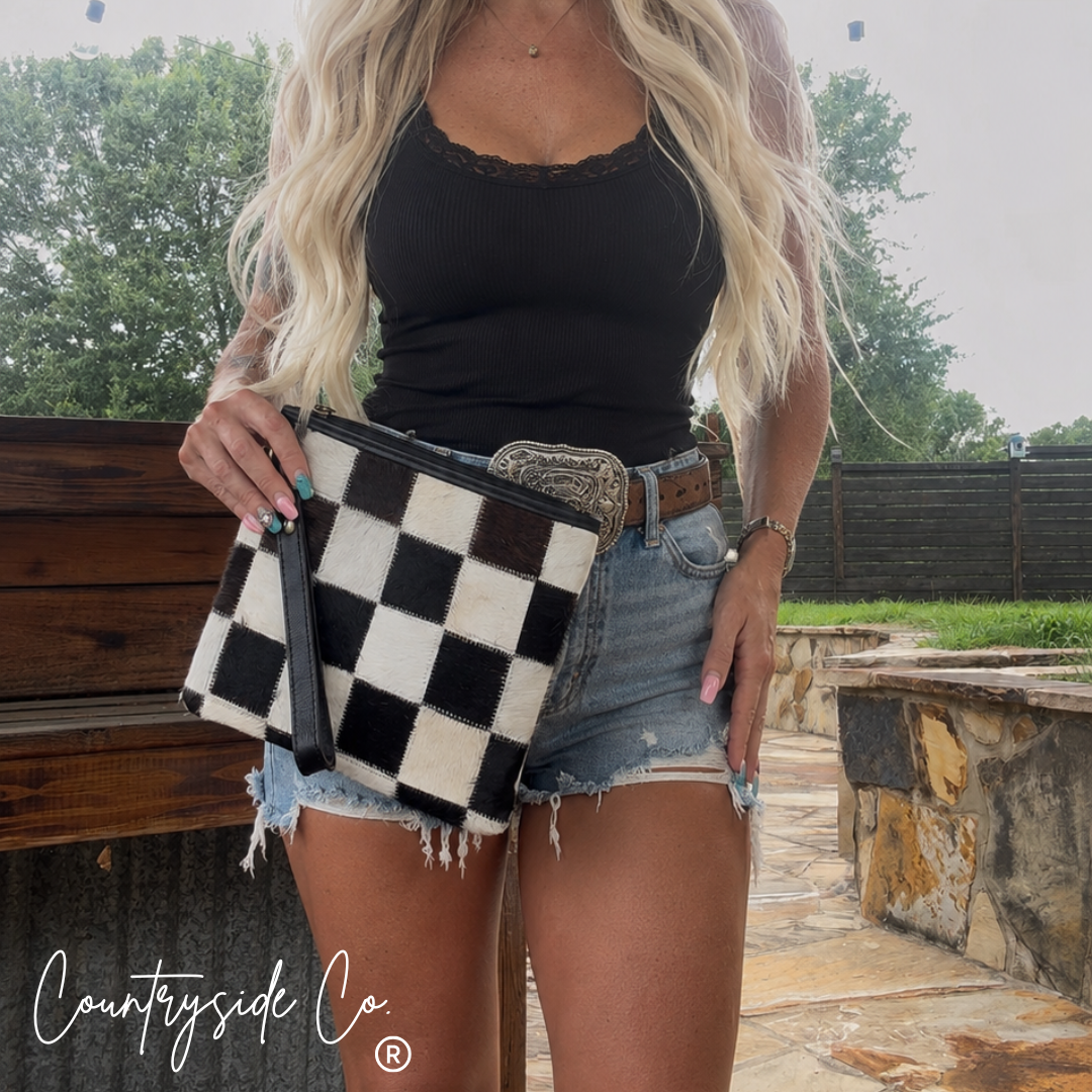 Checkered Cowhide Make Up Toiletry Bag Wristlet