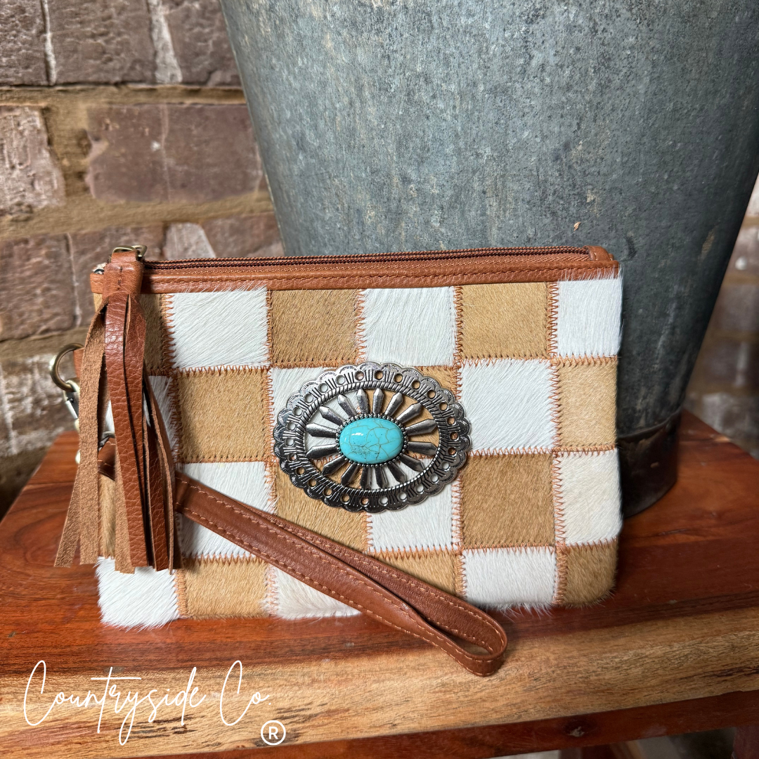 Honey Creek Checkered Cowhide Wristlet Pouch