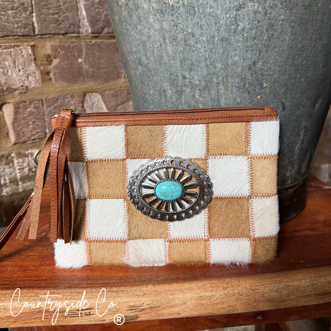 Honey Creek Checkered Cowhide Wristlet Pouch