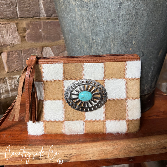 Honey Creek Checkered Cowhide Wristlet Pouch
