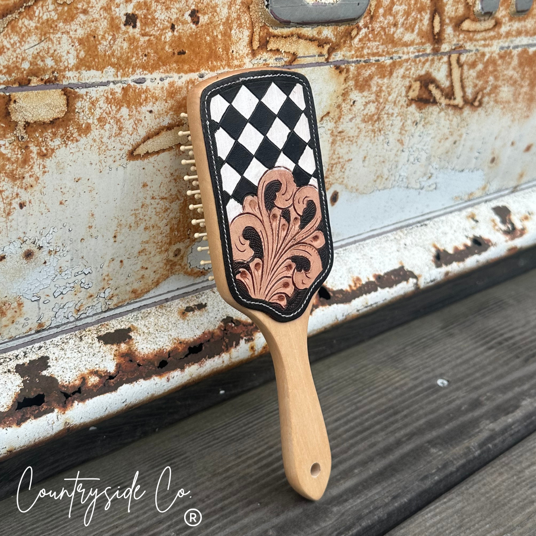 Checkered Tooled Leather Hair Brush