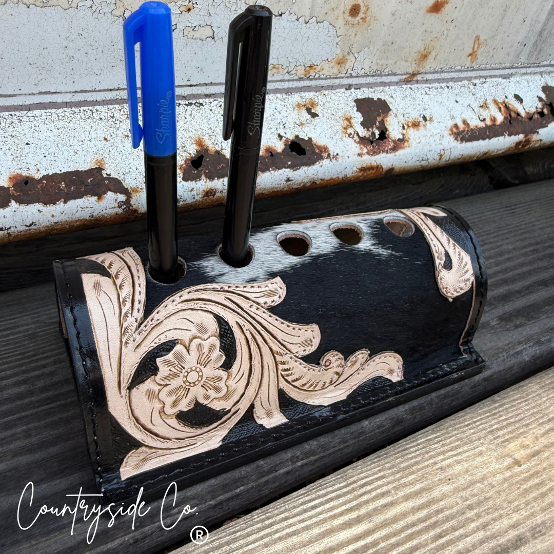 Cowhide Tooled Leather Pen Holder