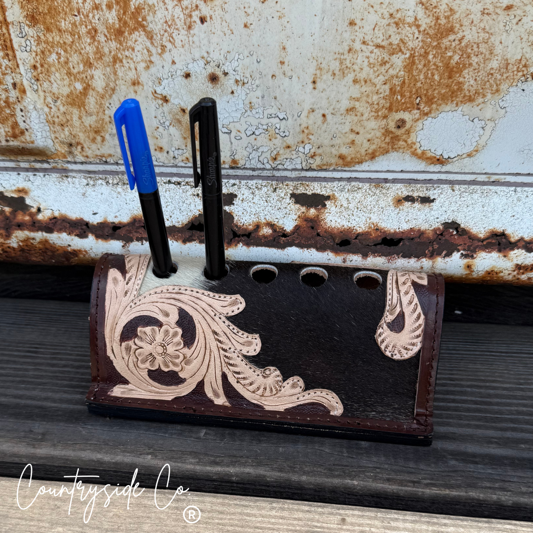 Cowhide Tooled Leather Pen Holder
