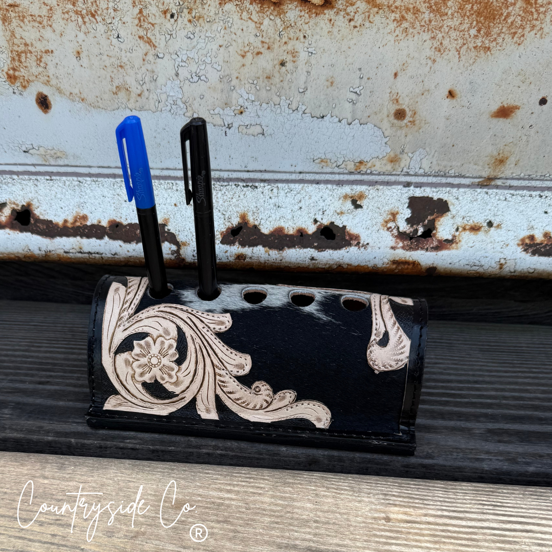 Cowhide Tooled Leather Pen Holder