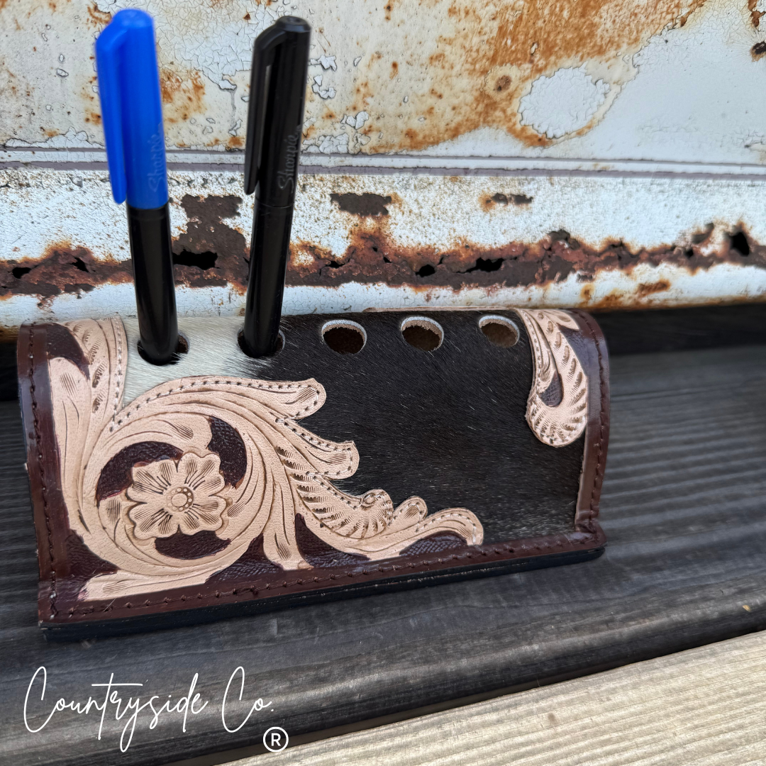 Cowhide Tooled Leather Pen Holder