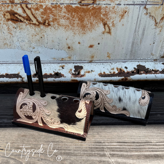 Cowhide Tooled Leather Pen Holder