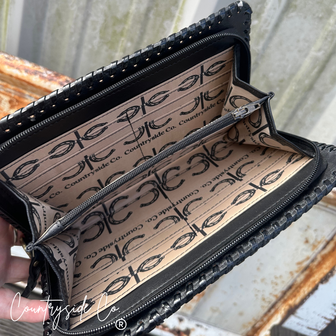 Wildcard Checkered Tooled Leather Clutch, Purse