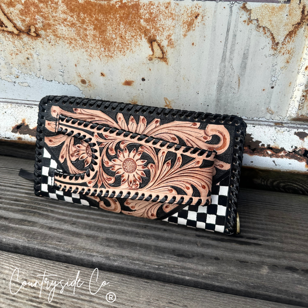Wildcard Checkered Tooled Leather Clutch, Purse