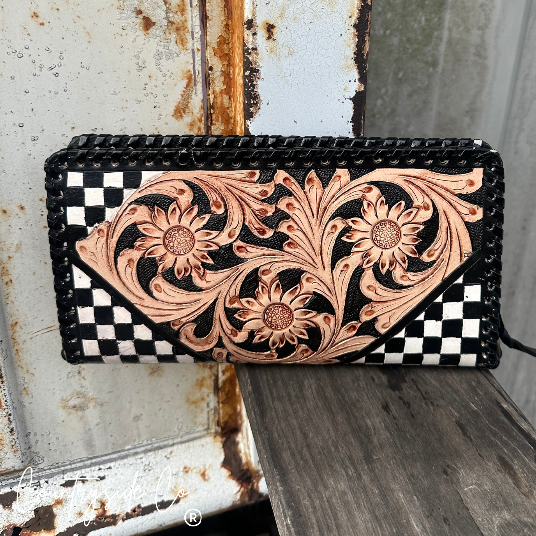 Wildcard Checkered Tooled Leather Clutch, Purse