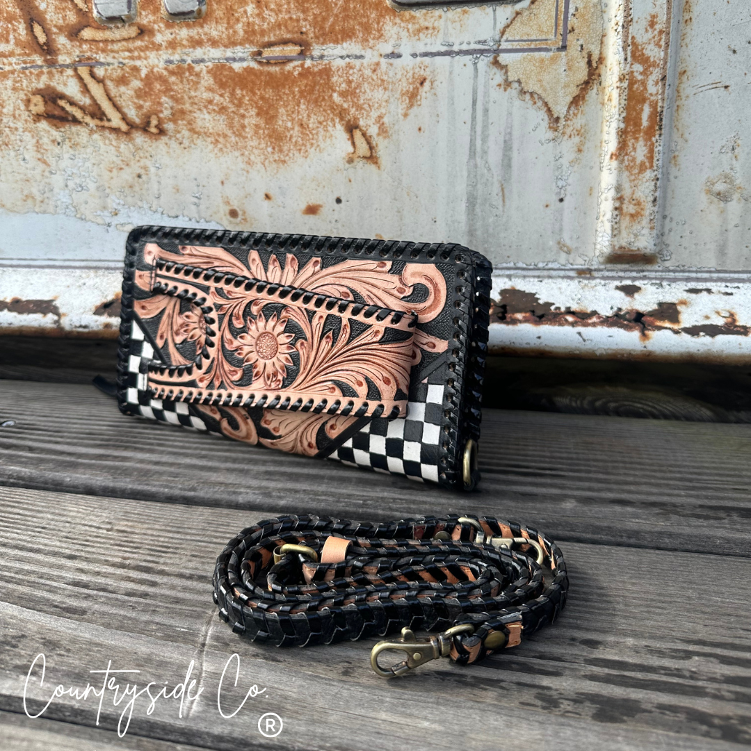 Wildcard Checkered Tooled Leather Clutch, Purse