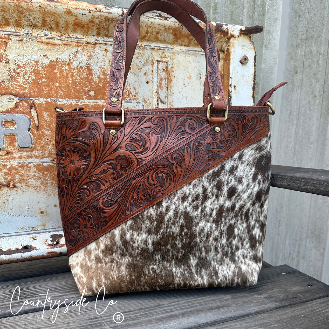 Ranch House Tooled Leather and  Cowhide Conceal Carry Purse