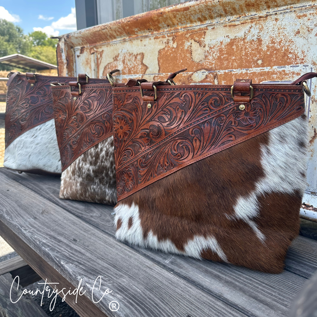 Ranch House Tooled Leather and  Cowhide Conceal Carry Purse