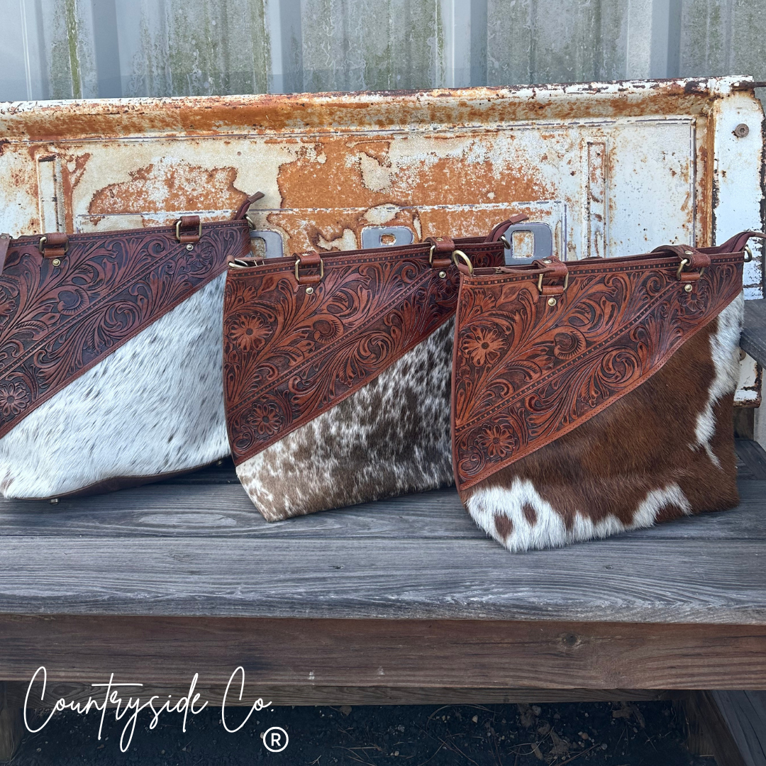 Ranch House Tooled Leather and  Cowhide Conceal Carry Purse