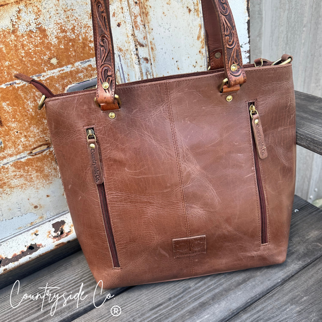 Ranch House Tooled Leather and  Cowhide Conceal Carry Purse