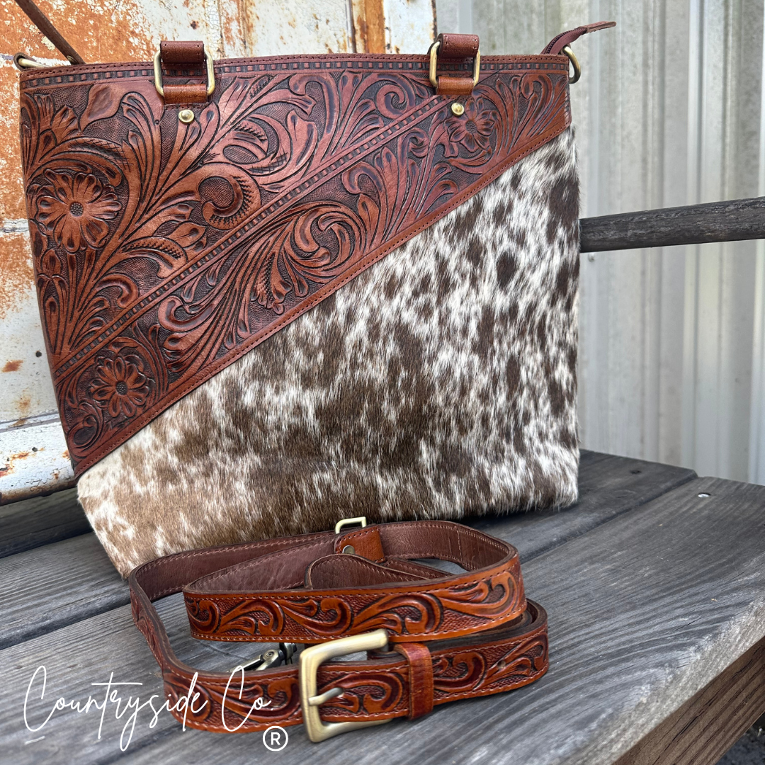 Ranch House Tooled Leather and  Cowhide Conceal Carry Purse