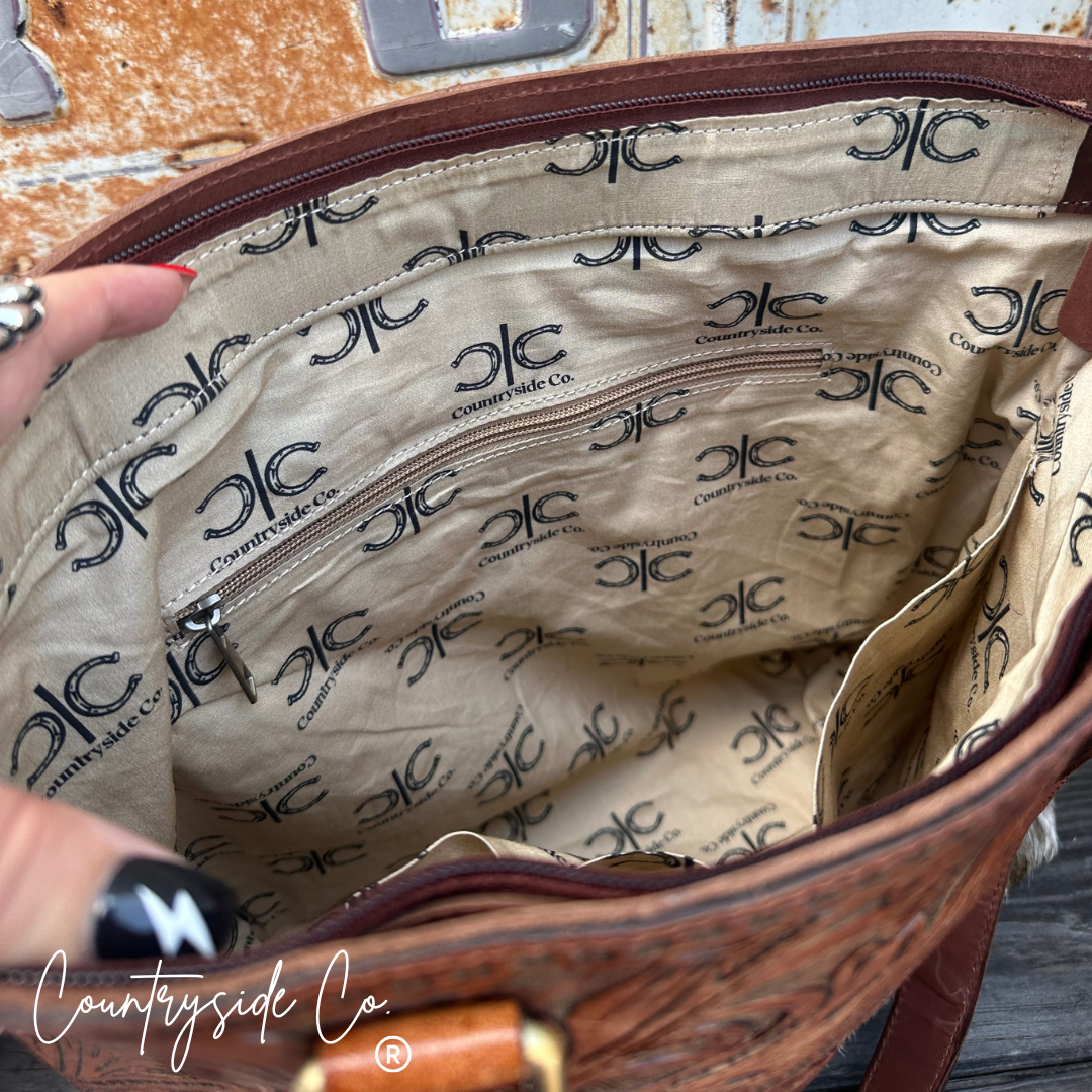 Ranch House Tooled Leather and  Cowhide Conceal Carry Purse