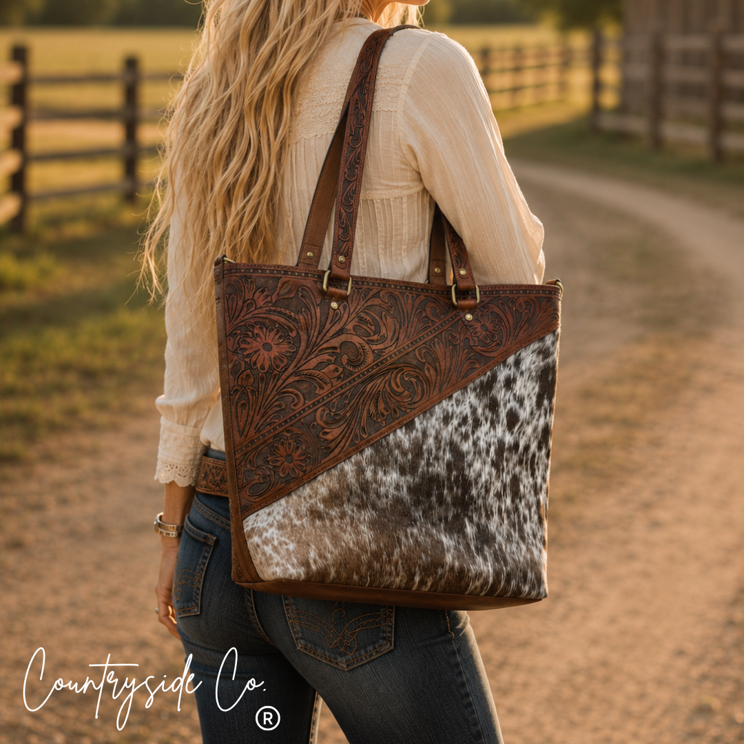 Ranch House Tooled Leather and  Cowhide Conceal Carry Purse