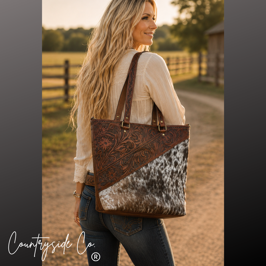 Ranch House Tooled Leather and  Cowhide Conceal Carry Purse