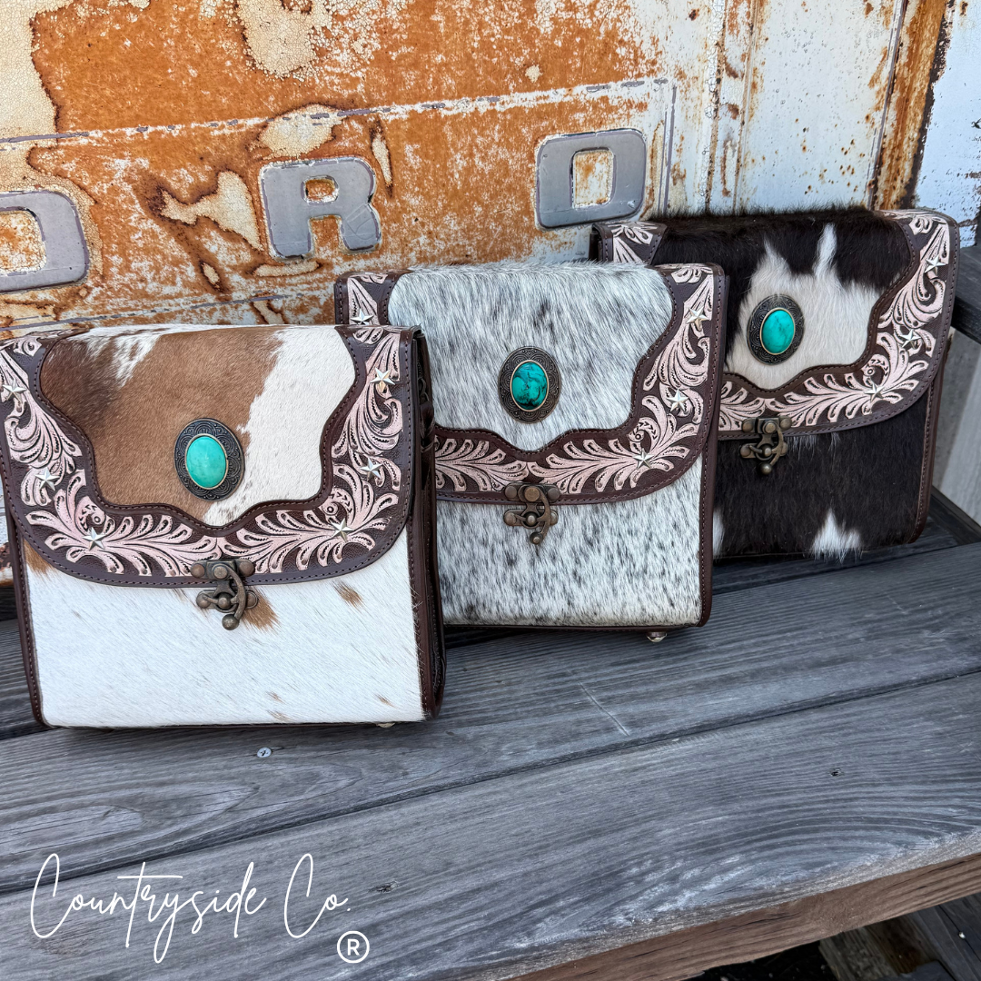 Driftwood Cowhide Tooled Leather Crossbody Purse
