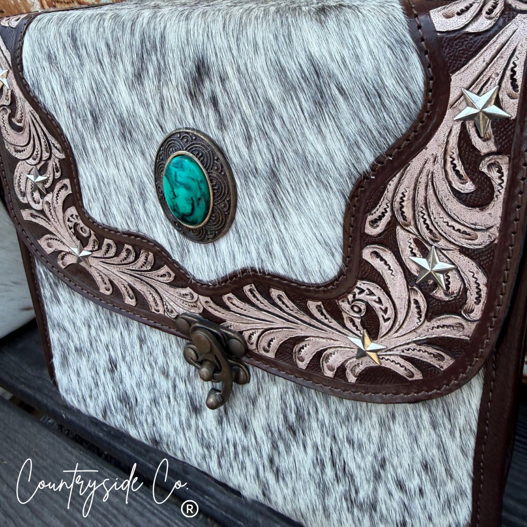 Driftwood Cowhide Tooled Leather Crossbody Purse