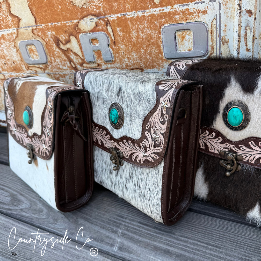 Driftwood Cowhide Tooled Leather Crossbody Purse