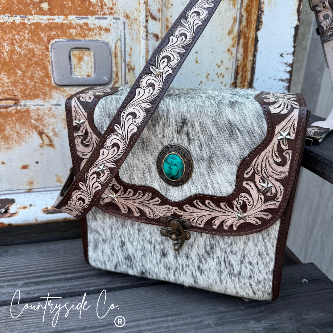 Driftwood Cowhide Tooled Leather Crossbody Purse