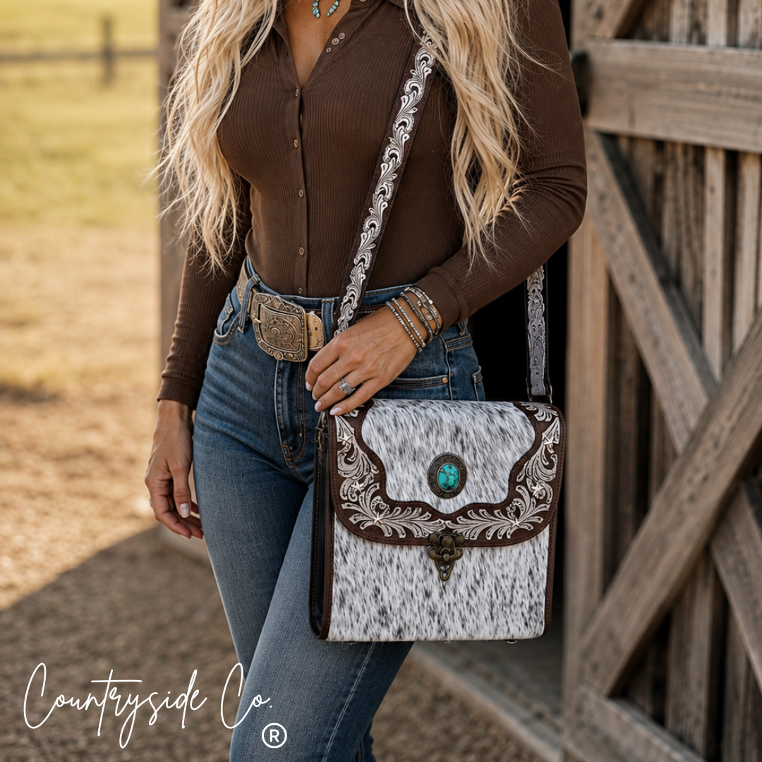 Driftwood Cowhide Tooled Leather Crossbody Purse